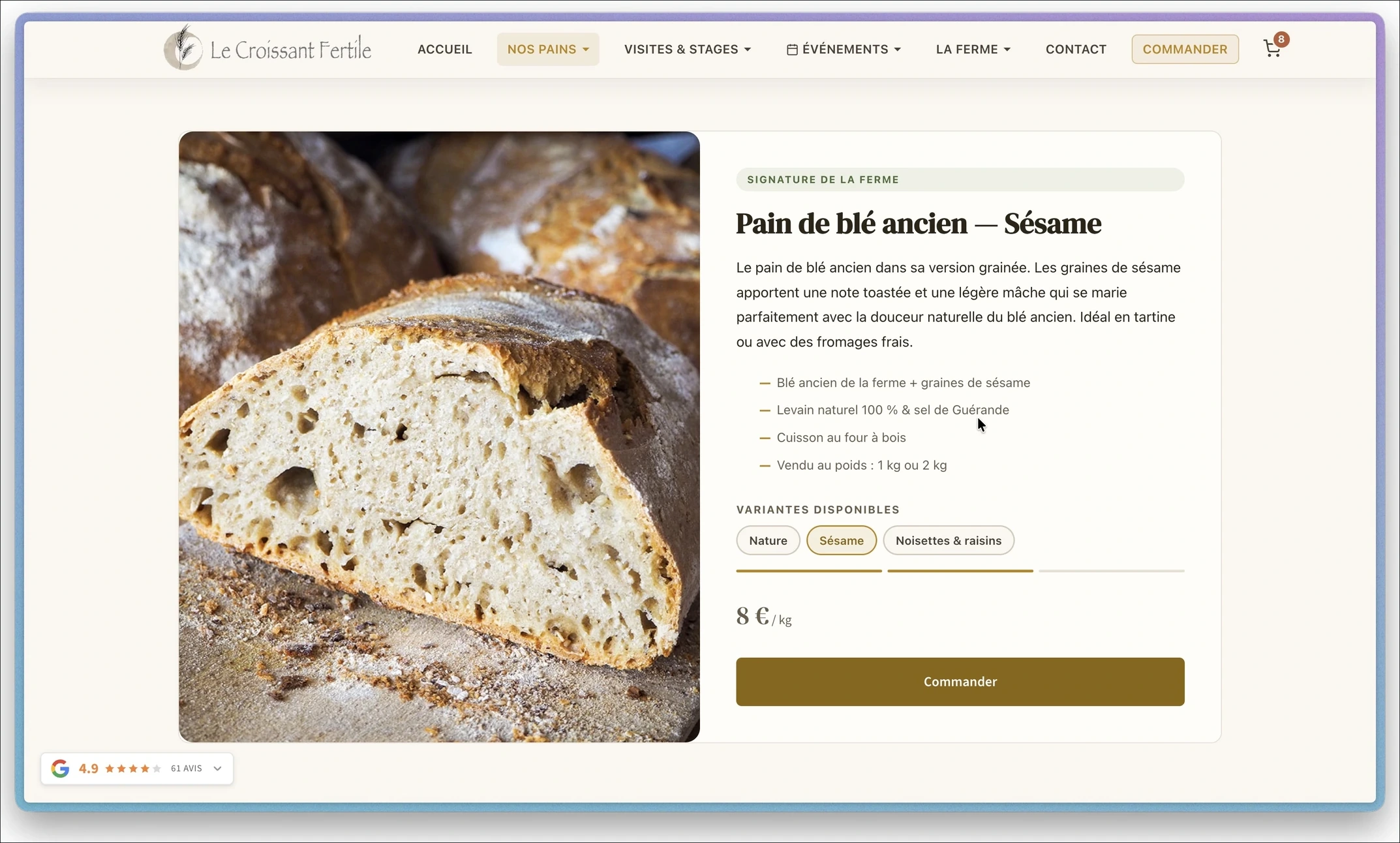 Le Croissant Fertile — fiche produit Pain de blé sésame